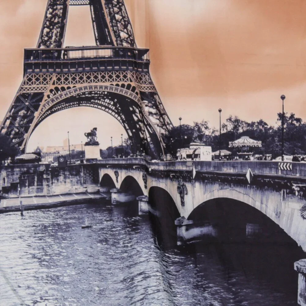 Eiffel Tower Fabric Shower Curtain Muted Cantaloupe Orange & Blue 100% Polyester